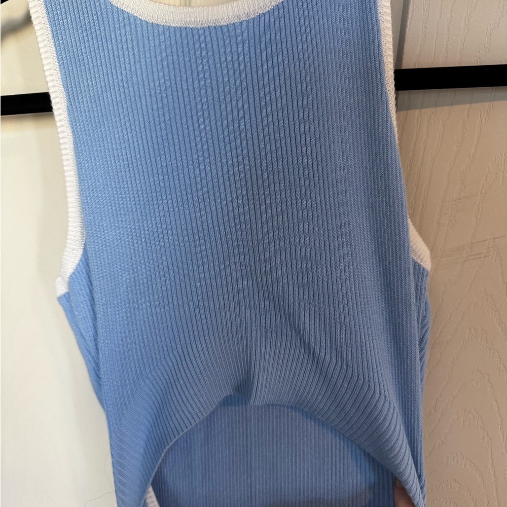 Santorini Blue Cutout Crew Neck Sleeveless Tank Slit Ribbed Bodycon Midi Dress - Picture 6 of 7